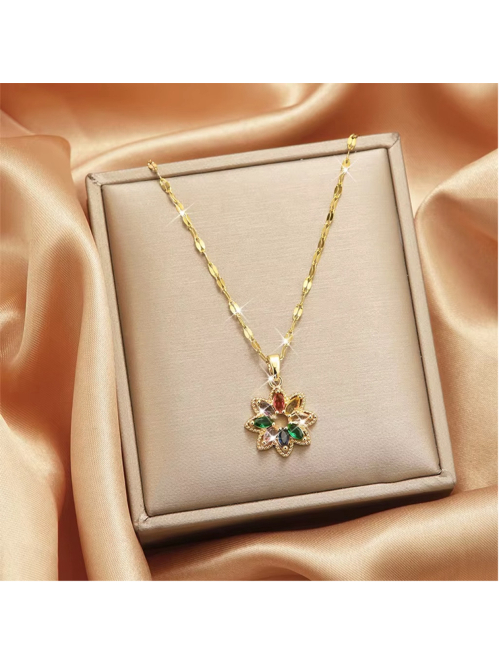 Star Flower Multi-Coloured Cubic Zirconia Stone & Gold Pendant Necklace NWT